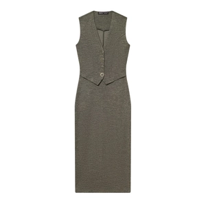 Gestricktes Midi Kleid Damen Ärmellos V Ausschnitt Bodycon Slim Fit Einfarbig Weste Stil Einreihig Goldene Knöpfe Französisch