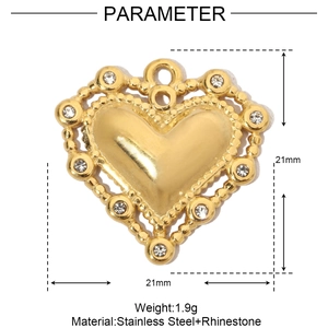 Detailed size and material specification chart for gold heart rhinestone pendant