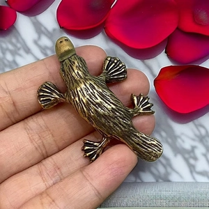 Close-up of vintage brass platypus figurine with detailed antique metal texture