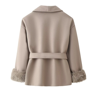 Back view of wool coat with faux fur cuffs and matching belt in oatmeal shade