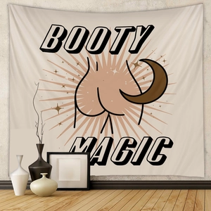 Detail of creative Booty Magic wall tapestry with minimalist moon and star patterns