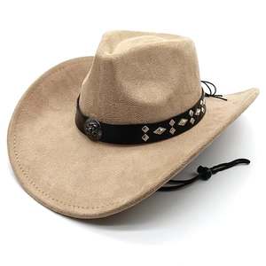 Western cowboy hat in beige suede finish with metal rivets and adjustable chin strap