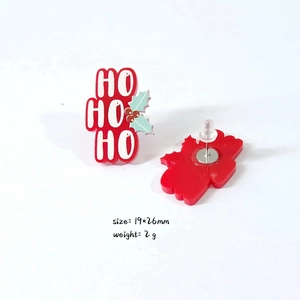 Christmas Ho Ho Ho red acrylic earrings with holly pattern, size 19x26mm for holiday