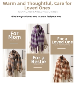 Close-up of thick winter cashmere-feel scarves with classic plaid pattern and tassels