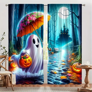 Halloween curtains with cartoon ghost, pumpkin baskets, and castle in a dark forest
