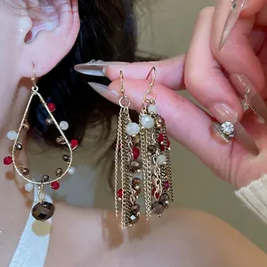 Vintage crystal round chain tassel drop earrings with ethnic bohemian gold accents