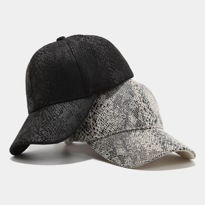Fashionable snake pattern baseball caps in black and grey faux leather texture