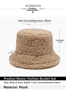Detail of plush lamb wool bucket hat showing 6.5cm brim and 11cm depth dimensions
