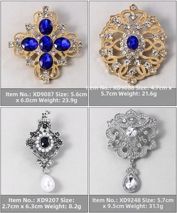 Detailed grid of four vintage brooch pins featuring crystals, pearls, and ornate metalwork