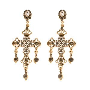 Boucles d'oreilles vintage dorées croix avec perles et strass style baroque