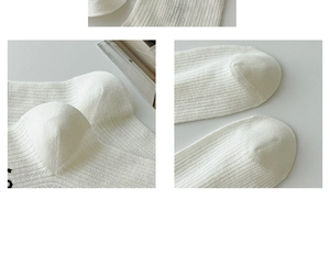 Detailed macro view of white ribbed knit socks with pointelle mesh and black text