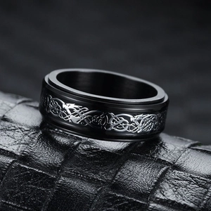 Macro detail of the rotatable dragon pattern engraving on a black titanium steel ring