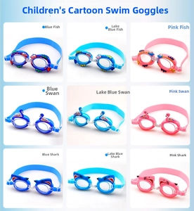 Detailed grid of cartoon swim goggles for kids in blue and pink with animal designs