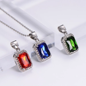Hip hop stainless steel necklace with rectangular ruby emerald and sapphire pendants