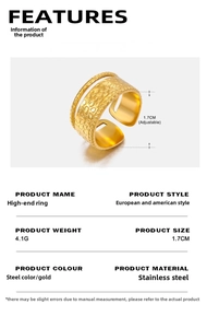 Detail of 1.7cm wide gold hammered stainless steel adjustable ring with textured finish
