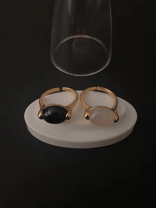 925 Sterling Silver Ring Natural Black Agate White Stone Oval Cabochon Adjustable Open Band French Vintage Elegant