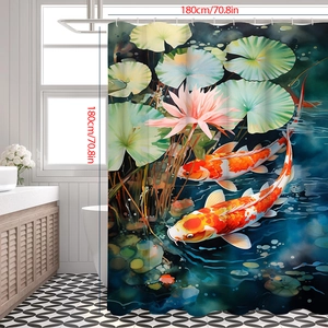 Detailed view of koi fish and lotus watercolor shower curtain sized 180x180cm for bathrooms