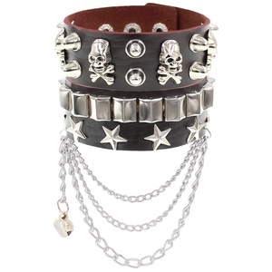 Detail of multilayer punk leather bracelet with silver skull charms and metal chains