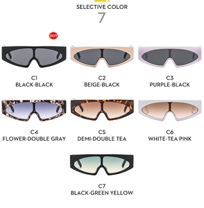 Overview of trendy wide-leg sunglasses in seven color variants like black, beige and demi