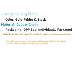 Detailed specifications showing gold, white K, and black copper snake chain necklaces
