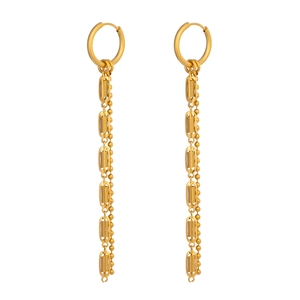 Golden geometric tassel earrings with circular and oval links in a futuristic metal design