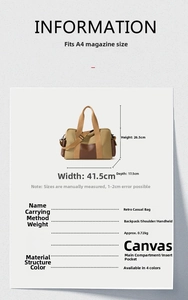 Detail view of large canvas travel bag dimensions 41.5x26.5x17.5cm and structure info