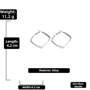 Detailed view of silver square hoop earrings showing 4.2cm dimensions and 925 silver pins