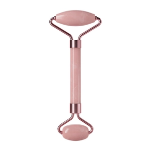 Double-headed pink jade facial roller with rose gold frame for face and eye massage