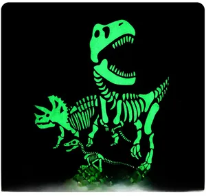 Detailed view of luminous glow-in-the-dark dinosaur skeleton prints on black fabric