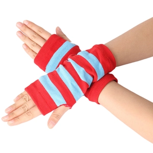 Detail of red and blue striped knitted fingerless gloves with thumb hole for arm protection