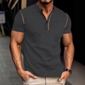 Retro grey knit polo shirt for men with vintage pineapple texture and button placket