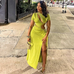 Chic avocado green cut-out dress with asymmetrical shoulder and high slit for party wear