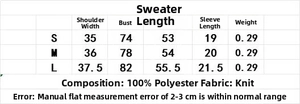 Detailed size chart for short sleeve jacquard knit sweater dress with fabric composition