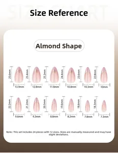 Detailed size chart for almond-shaped press-on nails including 12 sizes and 24 pieces