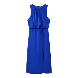Detail of royal blue sleeveless midi dress featuring waist pleats and a side slit design