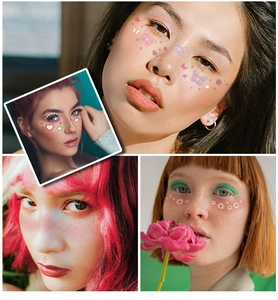 Detail of creative face stickers with hearts and butterflies for makeup decoration