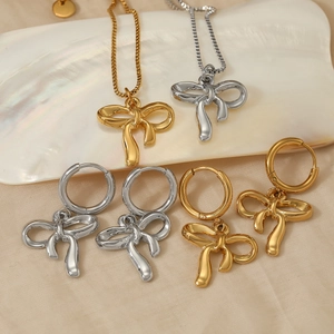 Bowknot Stainless Steel Necklace And Hoop Earrings Elegant Polished Minimalist Jewelry For Women