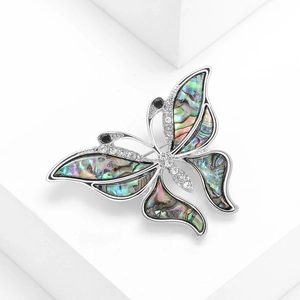 Fashion butterfly brooch with rainbow abalone shell and sparkling white rhinestones