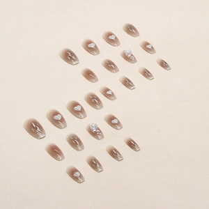 Short ballet brown gradient press-on nails with 3D butterfly, pearl and heart accents