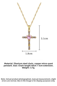 Detail view of pink heart cross necklace with 40+5cm chain length and size specs