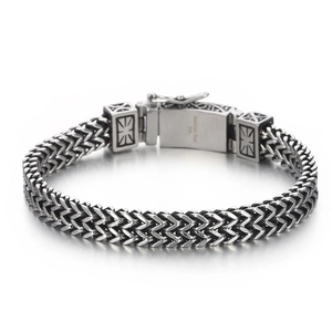Men's hip hop stainless steel double row braided chain bracelet with decorative clasp