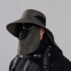 Army green wide brim sun hat with face cover and neck flap for outdoor hiking