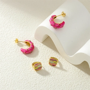 Chic 18K gold plated pink enamel hoops and colorful zircon square stud earrings set
