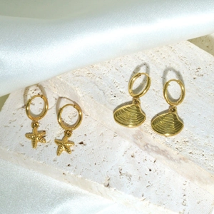 Stainless Steel Earrings 14K Gold Plated Starfish Shell Pendant Hoop Dangle Ocean Style For Women Fashion Jewelry