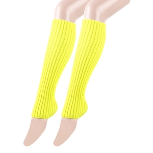 Close-up of fluorescent yellow ribbed knit leg warmers for women stylish winter look