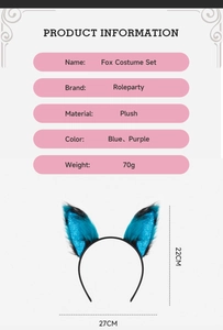 Tableau détaillé des tailles du serre-tête oreilles de renard en peluche bleue et mauve