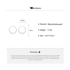 Detailed size chart showing 6cm pearl hoop earrings with weight and alloy material info
