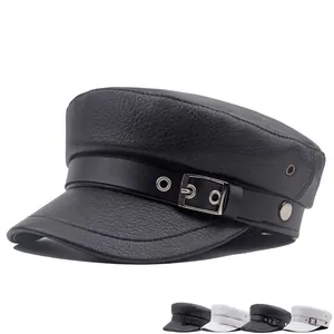 Flat top faux leather sailor cap for women featuring metal buckle and pebble grain texture