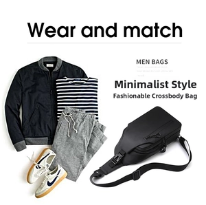 Flat lay of black waterproof men's sling bag styled with casual jacket and sneakers