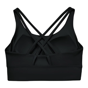 Dettaglio ravvicinato del design incrociato sulla schiena del reggiseno sportivo nero